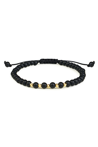 One Gold Bracelet with 5 beads 14K Gold "585" and Matte Onyx, adjustable