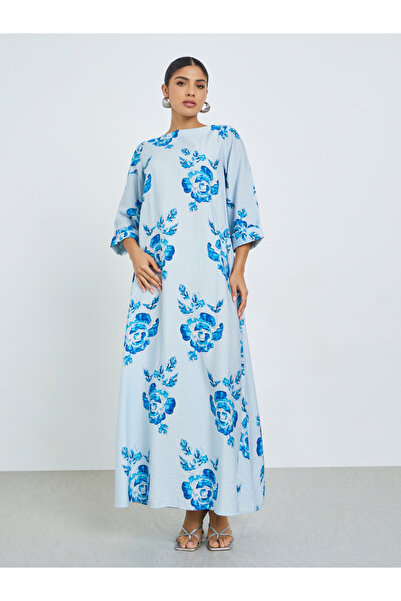 Amirah By Styli Blue Floral Digital Print Jalabiya