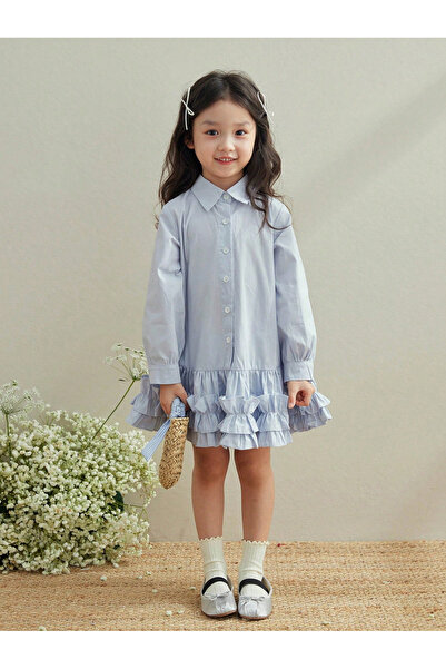 Take Two By Styli Girls Blue Cotton Ruffle Hem Knee Length Dress