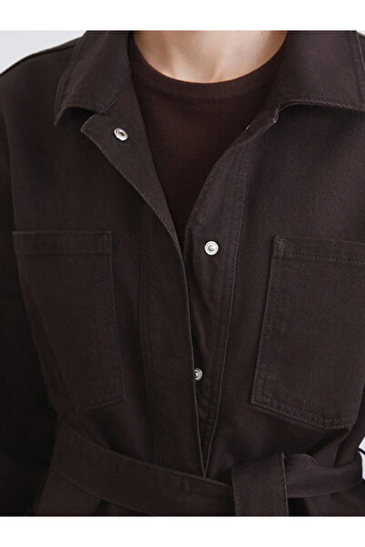 LC Waikiki Brown shirt collar belted women's jean jacket