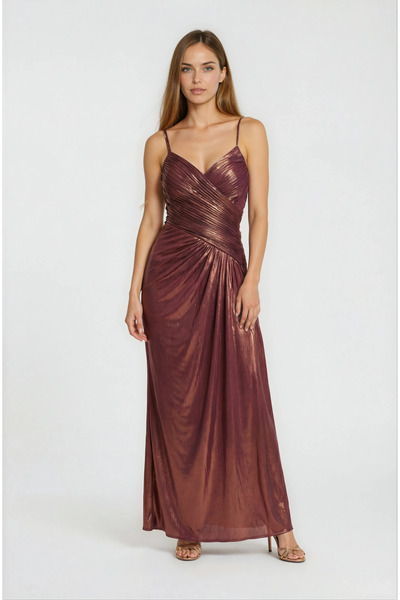 Spazio Sırt Çarpraz Bağlamalı Straplez Drapeli Metalik Abiye Elbise TABA