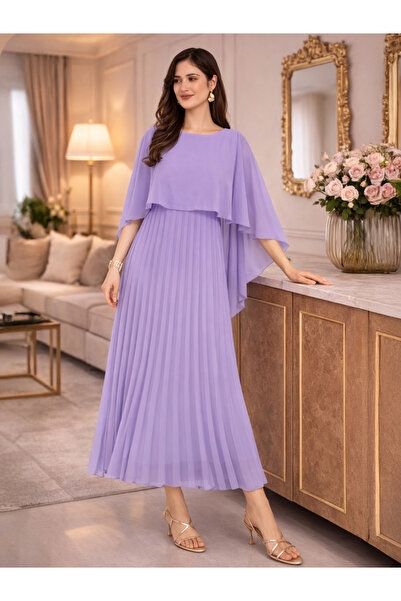 HOUSE OF RAELI By Styli Purple Cape Sleeve Pleated Maxi Dress