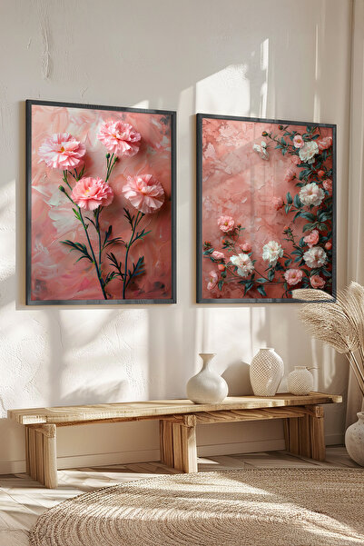 STARYUNA Σετ δύο πίνακων ζωγραφικής με θέμα το ροζ λουλούδι και μαύρο ξύλινο ...
