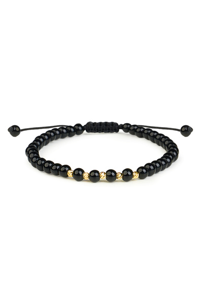 One Gold Bracelet with 5 beads 14K Gold "585" and Black Onyx, adjustable