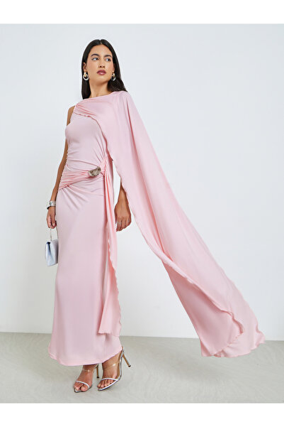 Styli Pink Draped Maxi Dress with Metallic Clasp