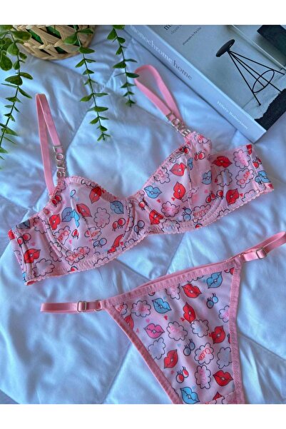 dem merys Pink Cute Ki̇ss Bra Set