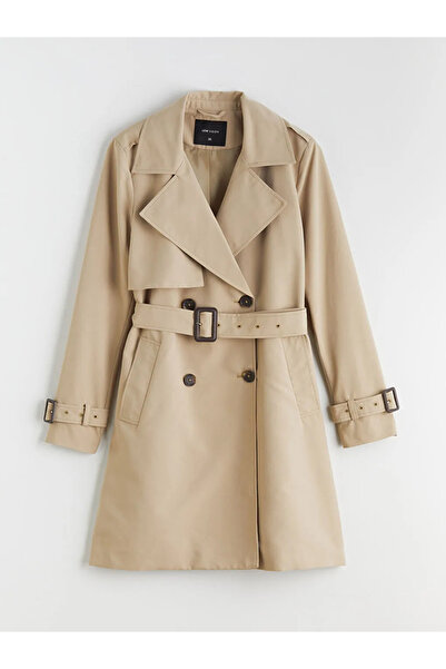 LC Waikiki Μπεζ διπλό πέτο Γυναικεία καμπαρντίνα με γιακά, σετ Ζώνη τεμαχίων