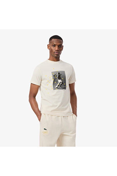 Lacoste Erkek Regular Fit Bisiklet Yaka Baskılı Krem T-Shirt