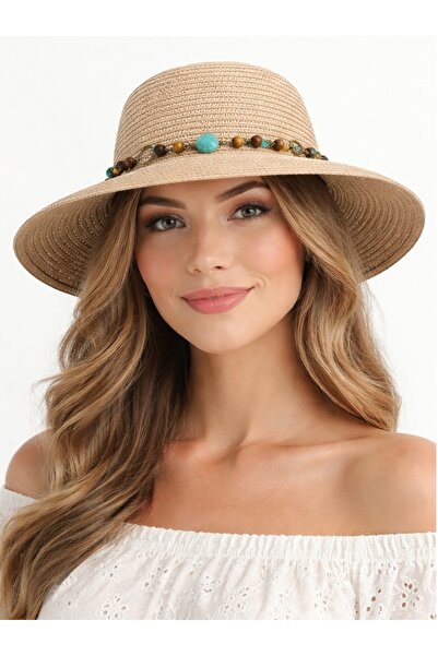 Soulistic Collection قبعة من القش للنساء بلون بودرة مرصّع بالخرز