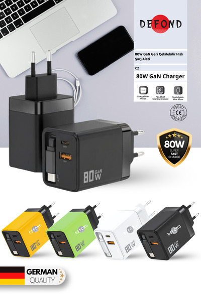 DEFOND 80W GaN Geri Çekilebilir 80cm Kablolu Hızlı Şarj Aleti 3 Portlu PD 3.0...
