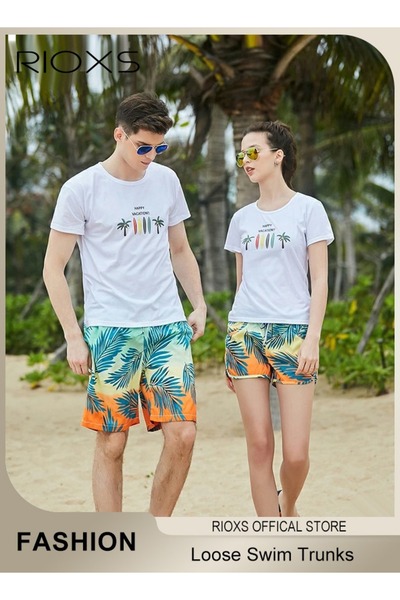 RIOXS 2 Pcs Adult Lovers Loose Swim Trunks, Mens Swim Trunks+ Women Beach Sho...