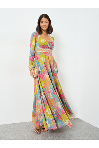 Styli Yellow Sweetheart Neck Floral Maxi Dress