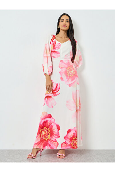 Styli Link Pink Sweetheart Neck Floral Maxi Dress