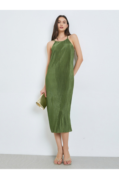 Take Two By Styli Green Strappy Plisse Shift Midi Dress