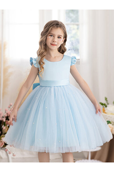 Take Two By Styli Girls Light Blue Faux Pearl Tulle Bow Detail Dress