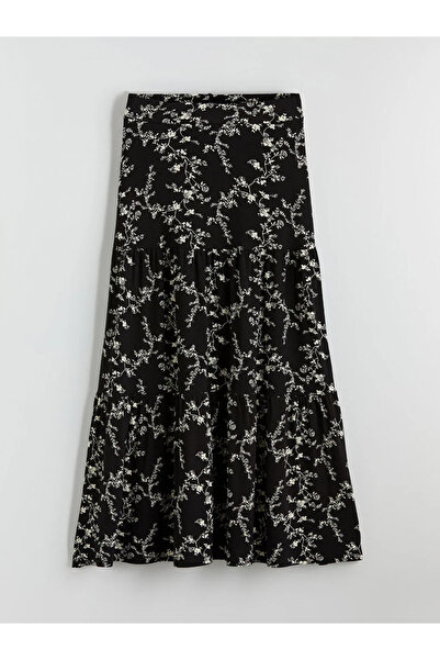 LC Waikiki Μαύρη φλοράλ φούστα σε γραμμή Α με ελαστική μέση
