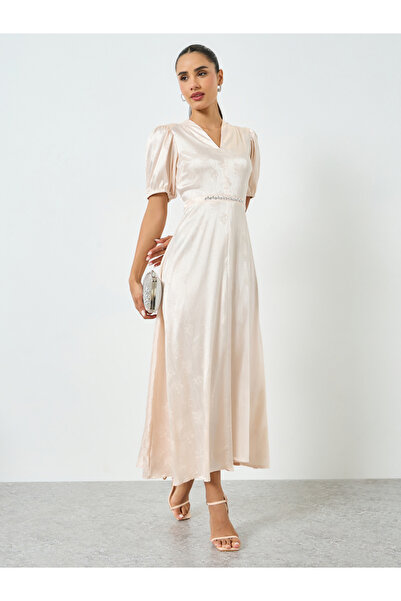 Styli Cream Studded Waist Jacquard Maxi Dress