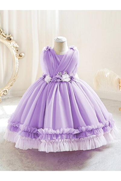 Take Two By Styli Girls Ruffle Hem Floral Detail Bow Party Dress