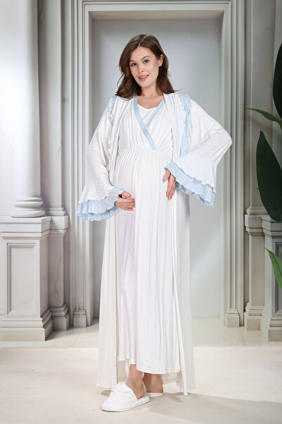 Lohussa New Season Blue Shawl Collar Ruffled Summer Stylish Full Length Short...