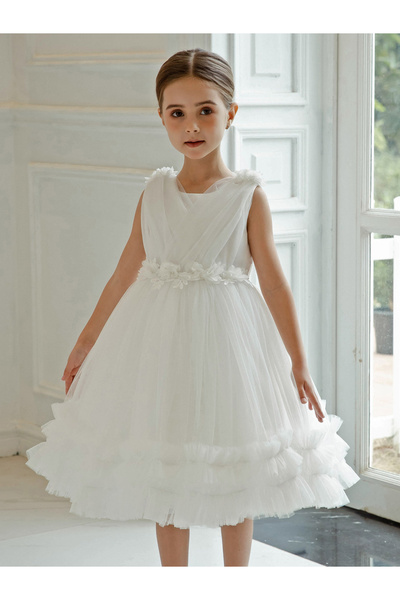 Take Two By Styli Girls Ruffle Hem Floral Detail Bow Party Dress