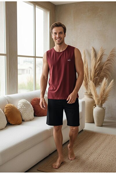 LİLA İÇ GİYİM Embroidered Zero Sleeve Shorts Men's Pajama Set