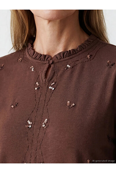 LC Waikiki Καφέ μπλούζα με βολάν και παγιέτες με λαιμόκοψη Judge