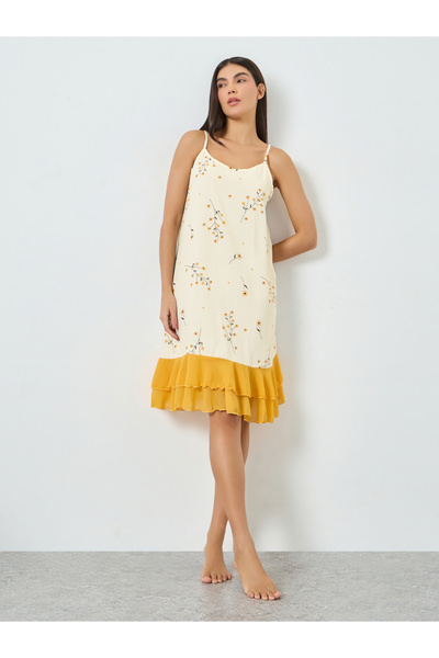 INENEMIS By Styli قميص نوم أصفر بنقشة زهور، بحافة بمقبض