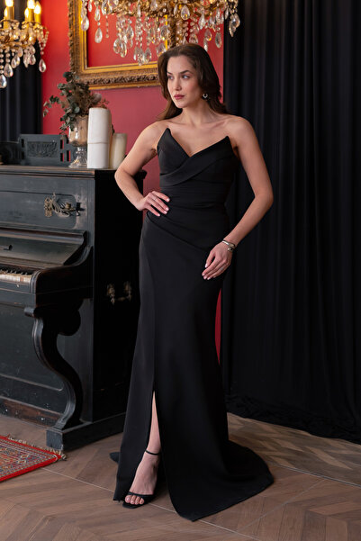 Lafaba Women's Black Cat Ear Pleated Long Evening Dress