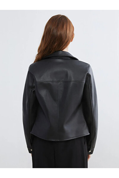 LC Waikiki Μαύρο γυναικείο δερμάτινο μπουφάν με γιακά ποδηλάτη