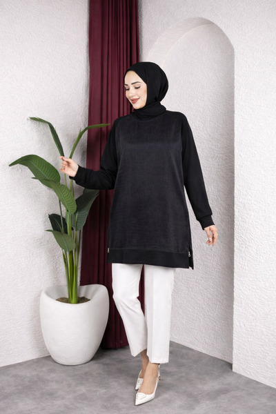 CN MODA Kadın İpek Kupra Modal Tunik Siyah – Uzun Tesettür Tunik Rahat Kesim