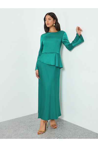 Styli Green Satin Bell Sleeves Maxi Dress