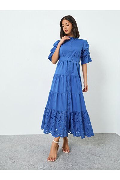 Styli Blue Schiffli Tiered Cotton Maxi Dress with Belt