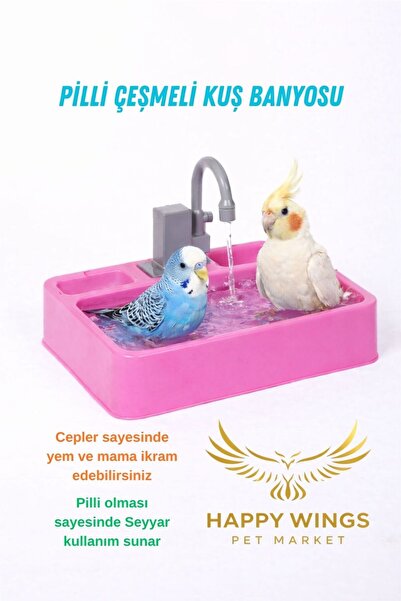 Happy Wings Pet Market Pilli Çeşmeli Kuş Banyosu Pembe