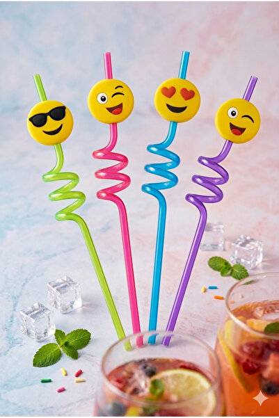 BEYZANA 4 Adet Renkli Plastik Şirin Emoji Figürlü Pipet