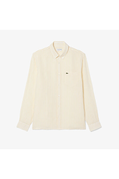 Lacoste Erkek Regular Fit Düğmeli Yaka Çizgili Sarı Gömlek