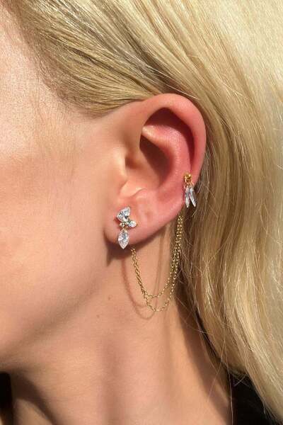 Spossy Silver Jewelry 925 Ayar Gümüş, Gold, 2li, Sallantılı Taşlı Zincir Küpe