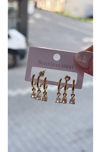 iky aksesuar Women's 316L Steel Earrings Triple Appearance in One Hole