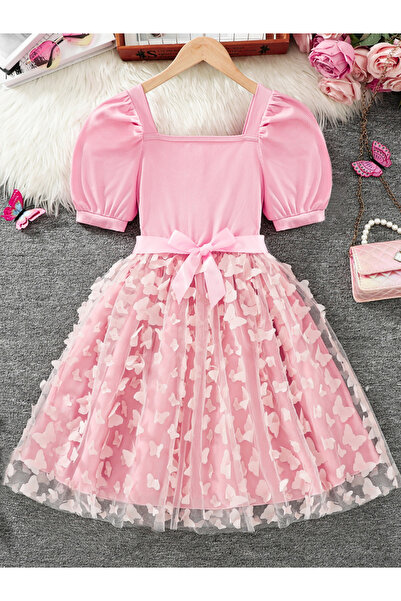 Take Two By Styli Girls Pink Puff Sleeve Butterfly Embellished Dress
