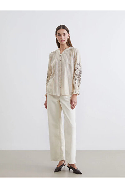 LC Waikiki Brown Striped Collared Linen Blend Women's Shirt