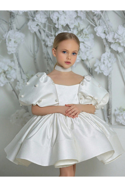 Take Two By Styli Girls White Puff Sleeve Embellished Dress