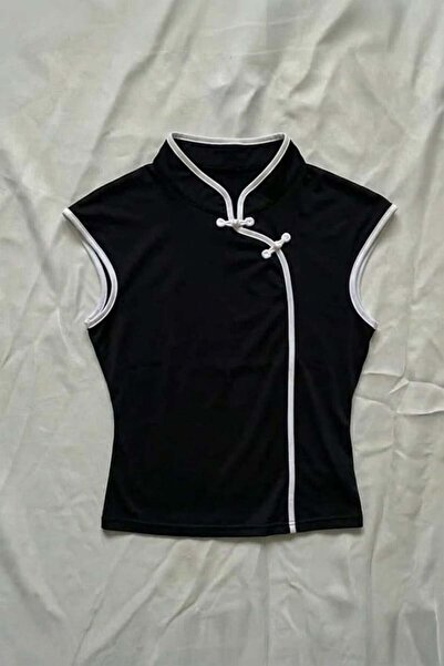 Genel Markalar Mandarin Yaka Siyah Şeritli Qipao Y2K Kısa Kollu Crop