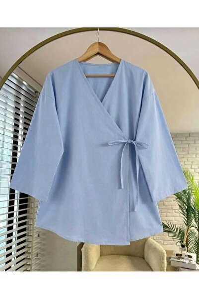Giyim Gezegeni Baby Blue Double-Breasted Collar Hijab Tunic – Side-Tie Oversi...