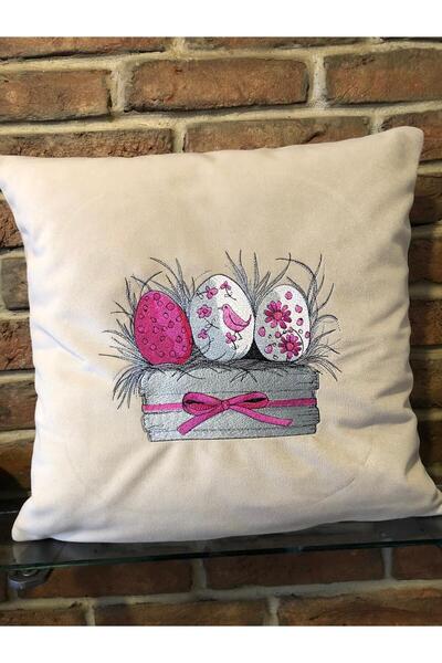 harmony factory Embroidered Velvet Beige Cushion Cover Easter Egg Basket Bird...