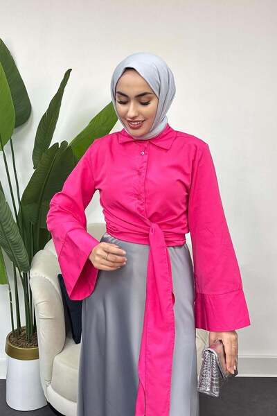 Tesettür Diyarı Γυναικείο πουκάμισο με λεπτομέρεια κορδέλας - Φούξια