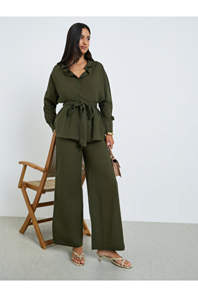 Styli Olive Oversized Cotton Shirt and Pants Co-ords