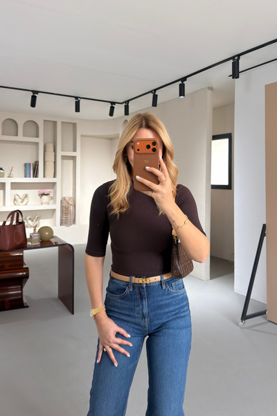 Sezgi Tekin Premium Series Crew Neck Half Sleeve Coffee Basic Blouse