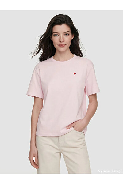 LC Waikiki Pink heart embroidered soft touch women's t-shirt