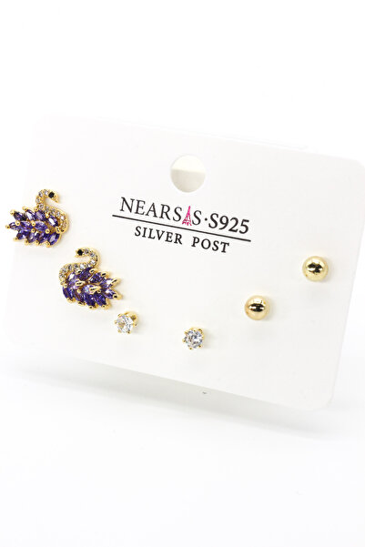 Nearsis Zircon Stone Set of Six Purple Stone Swan Earrings