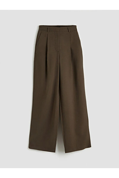 LC Waikiki Khaki Wide Leg Pleated Women's Fabric Trousers