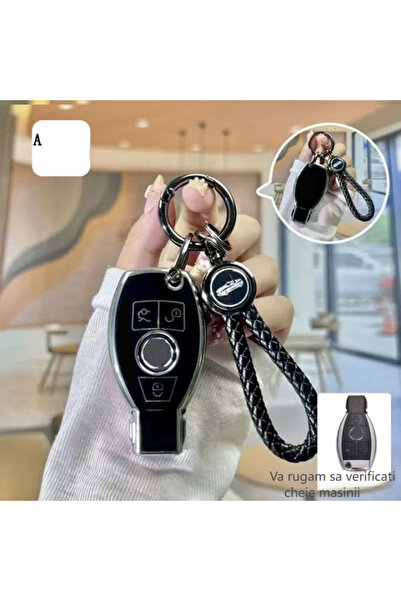 QGC Husa Cheie Auto Negru Elegant cu Breloc Frânghie, Protector Universal Des...